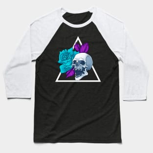 Blue Rose Flower Skull Baseball T-Shirt